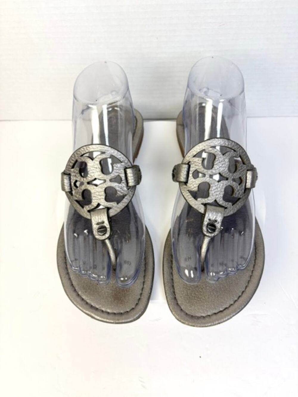 Tory Burch Miller Sandals Metallic Pewter Leather Cutout Logo Thong Flats Size 8